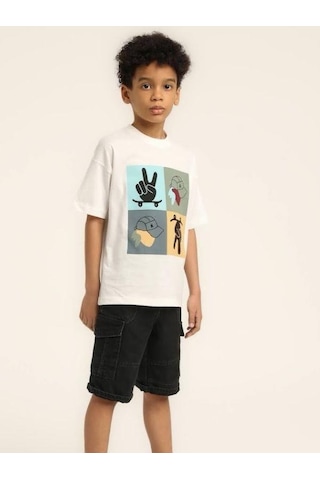 Escabel Erkek Çocuk Şapka Desenli Tasarım Pamuklu T-shirt-15627 Beyaz