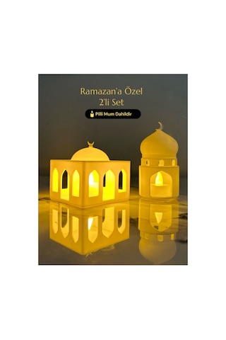 Ramazan Temalı Cami Minare Mescit Kubbe Figürü İkili Set Işıklı Pilli Mumluk Ev Aksesuarları Beyaz