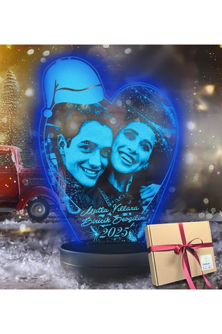 Yılbaşı Hediyesi Kişiye Özel Noel Baba Şapkalı Kalp 3d Led Gece L