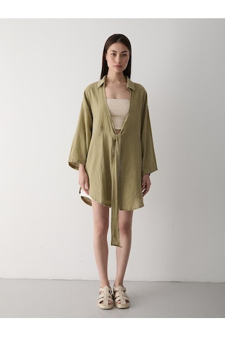 Haki Flam Keten Kimono Gömlek Haki