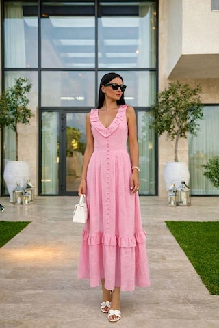 Asprinfashion V Yaka Önü Süs Düğmeli Keten Elbise Pembe