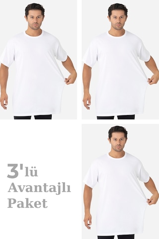 Arma Yıldız 3'lü Paket Beyaz Erkek Büyük Beden Tişört Sıfır Yaka Kısa Kollu %100 Pamuk Penye