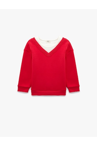 Koton Katmanlı V Yaka Uzun Kollu Pamuklu Şardonlu Sweatshirt Kırmızı 7wkg10051ak
