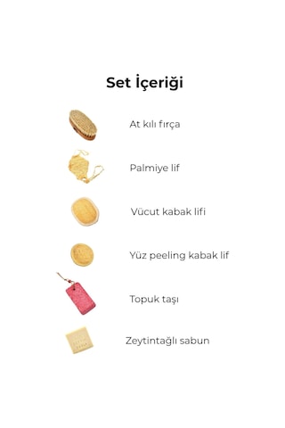 Doğal Kabak Lifi + Zeytinyağlı Sabun + At Kılı Masaj Fırçası + Topuk Taşı Banyo Seti 6'lı