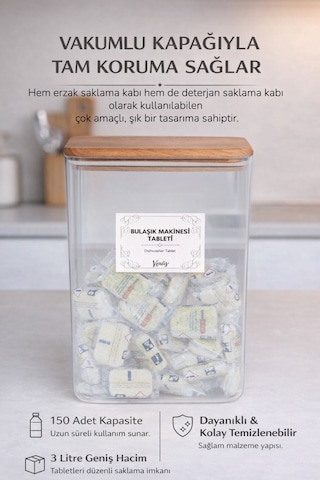 Ahşap Vakumlu Kapaklı Tablet Deterjan Kutusu 3 Lt 150 Adet Kapasiteli Şeffaf