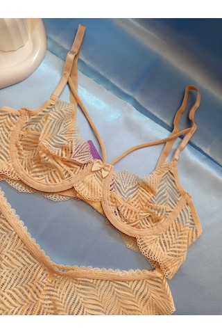Csaymoda Dantelli Taşlı Brode Sütyen Takımı Somor Ten
