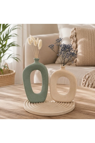 Momiko El Yapımı Modern Bohem Beton Vazo Seti Dekoratif Kemerli İkili Vazo & Yuvarlak Altlık Premium Seri -