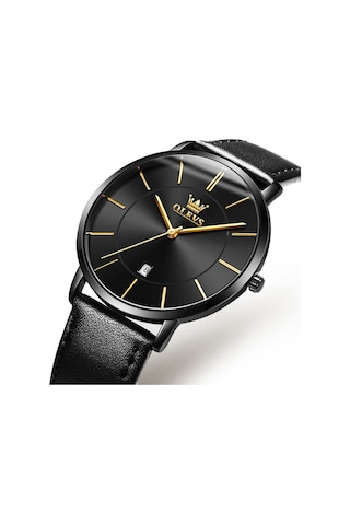 Olevs 5869 Erkekler İş Su Geçirmez Hakiki Deri Kayış Kuvars Saat Siyah