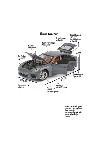 Işıklı Sesli Pilli 1:24 Metal Porsche Panamera Turbo Kapısı Kaputu Ve Bagajı Açılabilir Model Araba Gri