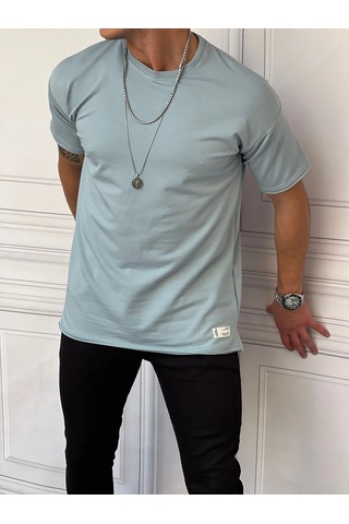 Modefendi Pamuk Likra Yırtmaç Detaylı 2 İplik Oversize Tshirt Mavi