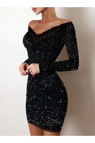 Siyah Uzeri Simli Kumastan Düşük Omuz Bodycon Elbise Siyah