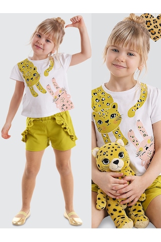 Muzip Kediler Fırfırlı Kız Çocuk Yazlık T-shirt Şort Takım