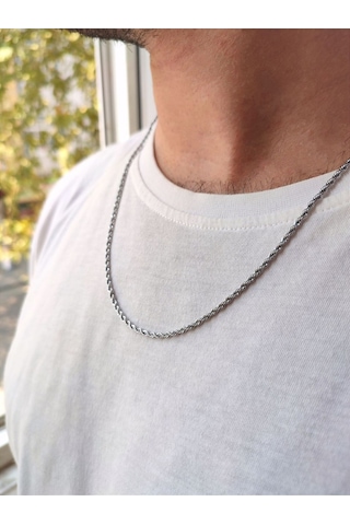 2.5 Mm Unisex Vip Paslanmaz Çelik Burgu Halat Beyaz Renk Kolye Siyah