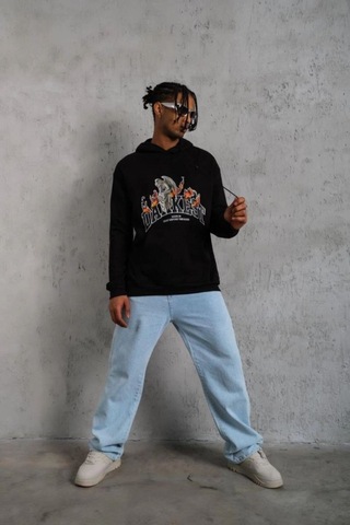 Butik İstanbul Erkek Oversize Kapüşonlu Sweatshirt Siyah Renk Üç İplik İçi Pamuklu Kanguru Cepli Baskılı Hoodie Rahat Kalıp Kışlık Günlük Kombinlere Uygun - Siyah