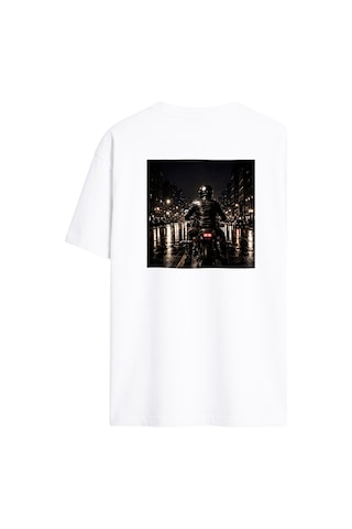 Black Nova Oversize Baskılı Unisex Tişört Lone Rider Beyaz