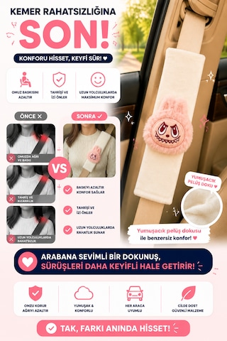 Bunny Açık Pembe Emniyet Kemeri Aksesuarı - Emniyet Kemeri Kılıfı-araç Emniyet Kemeri Omuz Koruyucu 1 Adet