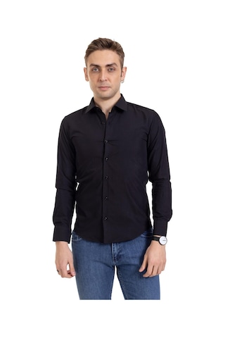 Erkek Slim Fit Dakron Yüksek Kalite Tam Kalıp Düğmeli Gömlek 2325 - M Siyah