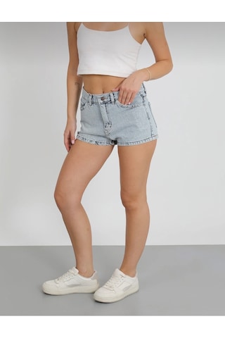 Buz Mavisi Kar Yıkama Mini Denim Şort - Kadın Jean Şort Buz Mavi