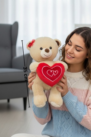 Kırmızı Tokalı Sevimli Yumuşacık 35 Cm Kalpli Peluş Ayıcık Uyku Arkadaşı Hediyelik Çok Renkli