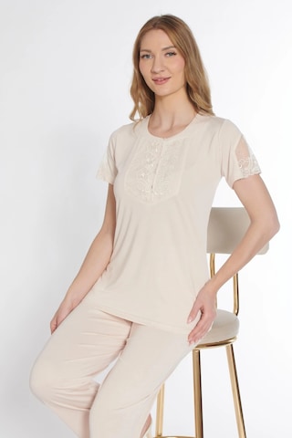 Kısa Kol Klasik Zakkum Pijama Takımı Dantel Detaylı Flz 88-114 Bej