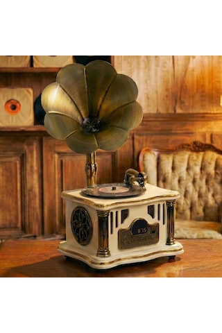 Midex Gr-26wh Fm Radyolu Nostaljik Gramofon Görünümlü Müzik Kutusu Bluetooth Hoparlör