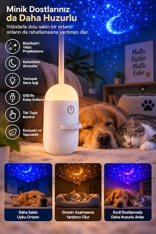 Romantik Atmosfer İçin Ay Yıldız Projeksiyonlu Gece Lambası Çok Renkli