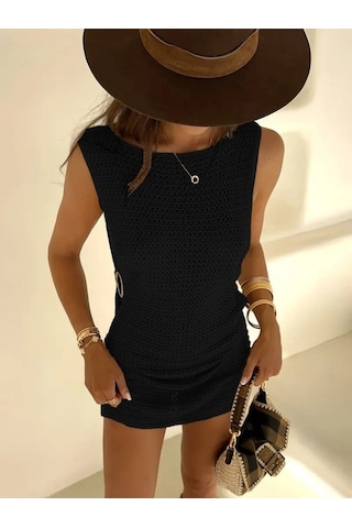 Kadın Sıfır Kol Yanlardan Halka Toka Detaylı Triko Plaj Elbisesi Siyah