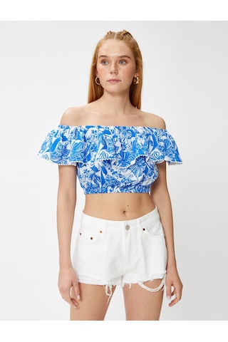 Koton Crop Bluz Madonna Yaka Fırfırlı Lacivert Desenli 3sak60181ew 3SAK60181EW7D1