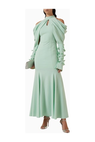 Ac By Aanchal Chanda Draped Off - Shoulder Omuz Açık Çiçek Aplikeli Maxi Kadın Elbise Açık Yeşil