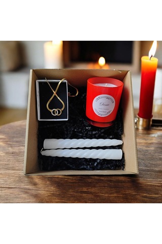 Denic Hediye Seti Kokulu Kırmızı Bardak Mum Halka Kolye Beyaz Burgulu Mum