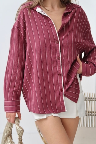 Paw Garage Kadın Monroe Dantel Işlemeli Yazlık Gömlek, Dokuma Modal Kumaş Oversize Gömlek Bordo