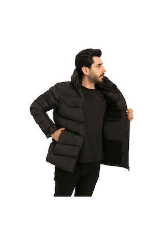 Erkek Kapüşonlu Polarlı Kürklü Su Geçirmez Rüzgara Dayanıklı Şişme Mont Kaban Parka Siyah