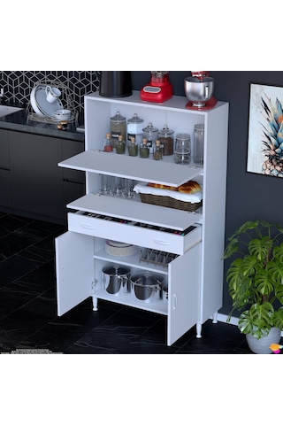 Modilayn Vio 90x163,4x32,5 Cm Yeni Çekmeceli, Kapaklı, Ekmeklikli, Çok Amaçlı Mutfak Dolabı. Beyaz