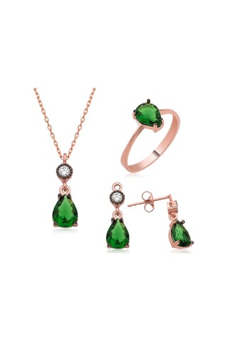 Gümüş Yeşil Damla Taşlı Kadın Set (551168070)