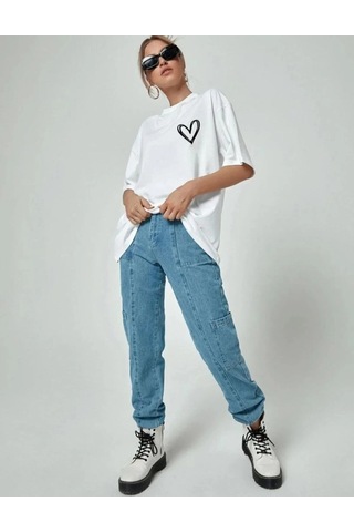 Primemagazam Kadın Tişört Bisiklet Yaka Baskılı Oversize T-shirt - Beyaz Çeşitli