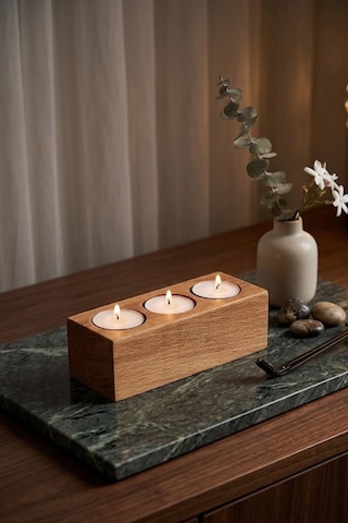 3'lü Ahşap Mumluk - 15x6x5 Cm - Doğal Kayın Ağacı Dekoratif Hediyelik Açık Renk Ahşap