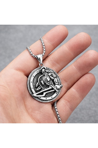 Paslanmaz Çelik Norse Tasarım Savaşçı Erkek Viking Kolye Gümüş - Gri