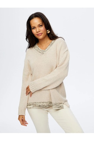 Faik Sönmez V Yaka Pamuklu Kadın Triko Bluz W26trb010 Taş