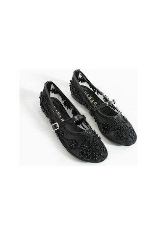 Dabab Shoes Flora Kadın Siyah İnci İşlemeli Tül Dokulu Bantlı Babet Düz Ayakkabı