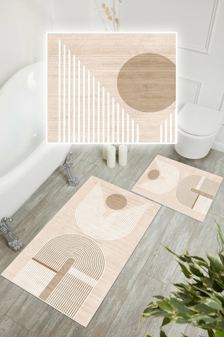 Dijital Baskı Modern Kaymaz Taban 2li Set Banyo Paspası Klozet Takımı 50x60cm-60x100cm Krem