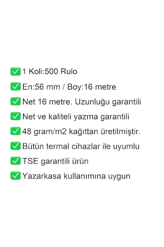 56x16 Metre Termal Kredi Kartı Ve Yazarkasa Pos Rulosu1 Koli:500 Adet Rulo