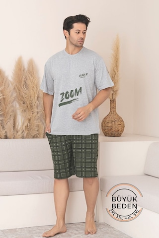 Büyük Beden Pamuklu Cepli Kısa Kollu Şortlu Erkek Pijama Takımı Gri