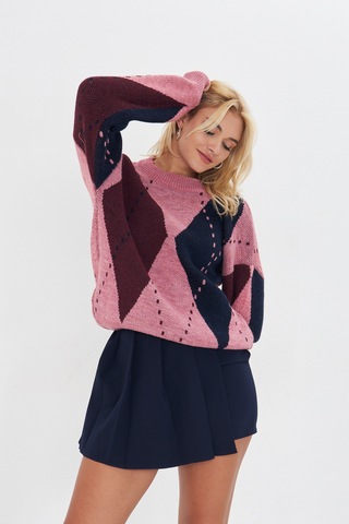 Pudra-bodro-lacivert Baklava Desen Oversize Triko Bordo