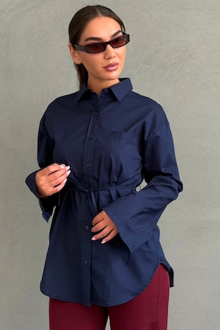 Madmext Lacivert Belden Bağlamalı Oversize Cepli Gömlek Mg2798