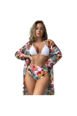 Bölünme Bikini Baskılı İpli Yüksek Bel Mayo Beyaz