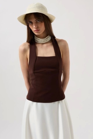 Defymoda Kalın Askılı Crop Bluz Kahverengi