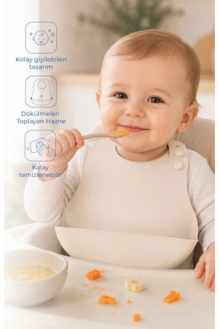 Babyjem Mini Silikon Mama Önlüğü Ekru