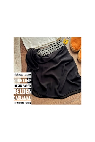 Bizizmoda Pareo Tasarım Siyah Şifon Etnik Dokuma Desen Pareo Belden Bağlamalı Tüm Bedenlere Uygundur Siyah