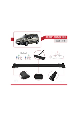 Peugeot Partner Tepee 2008-2018 Arası İle Uyumlu Fly Model Ara Atkı Tavan Barı Siyah 4 Adet Bar