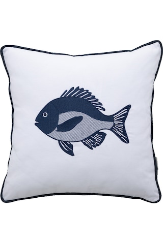 Mudo Home Marin Fısh Nakışlı Kırlent Beyaz Lacivert 50x50 Cm